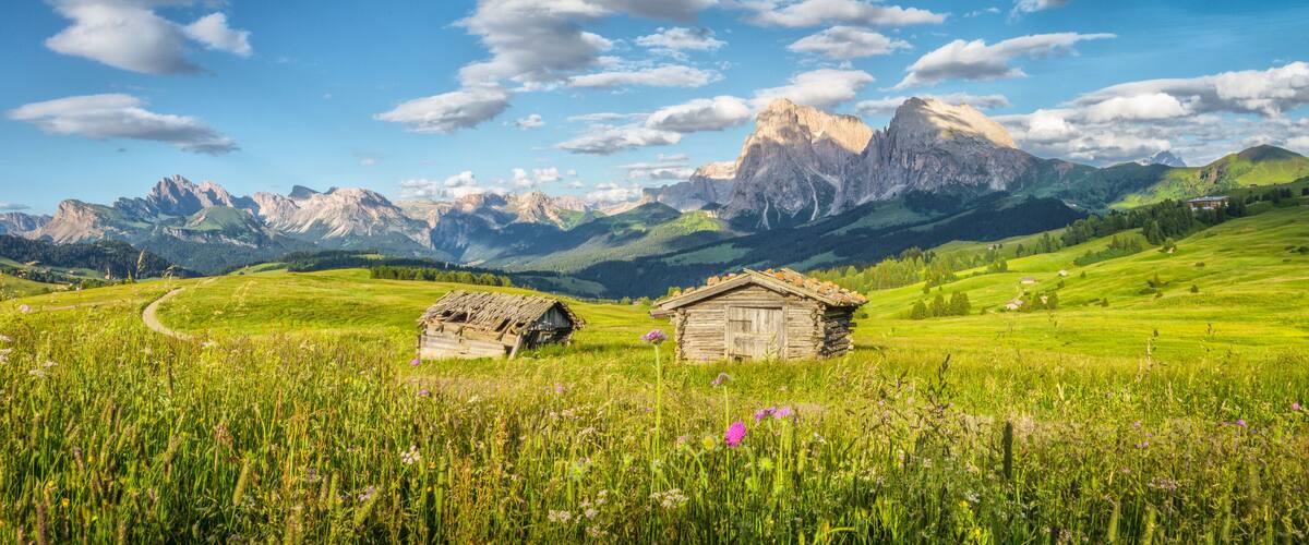 Un paysage montagneux avec deux maisons en bois rustiques, un sentier sinueux et un ciel bleu dégagé.