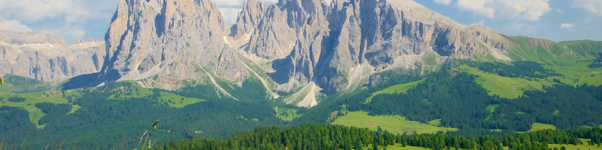 Eine gebirgige Landschaft mit einem markanten Felsen und üppigen, grünen Tälern sowie dichten Wäldern.