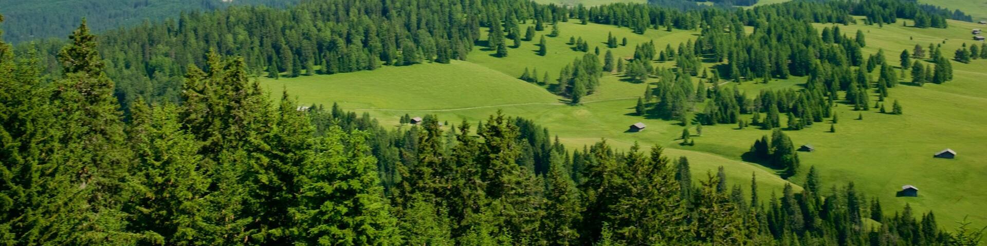 A mountainous landscape with a prominent peak, lush green valleys, and scattered houses.