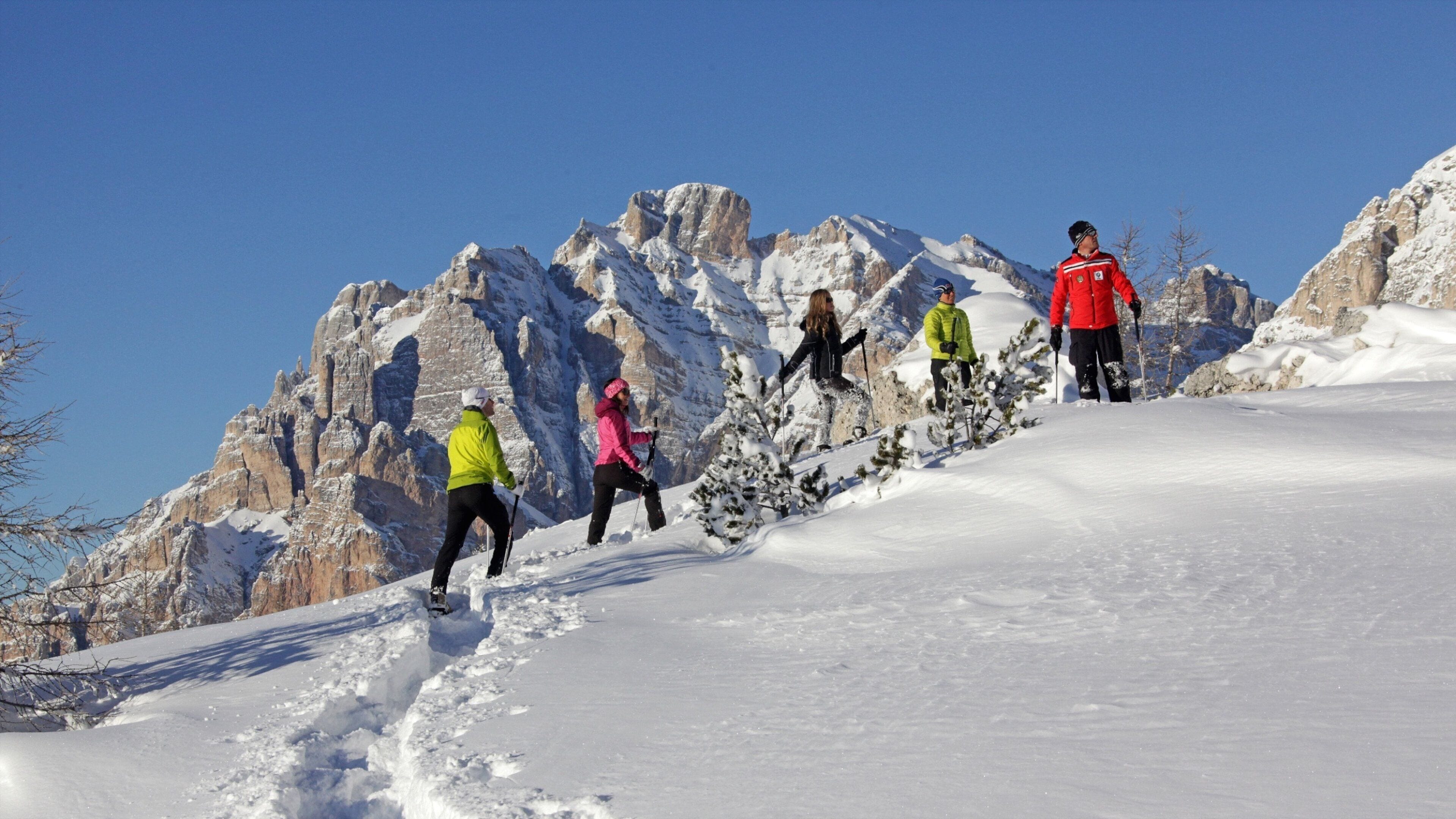 Alta Badia featuring snow shoeing and snow as well as a small group of people