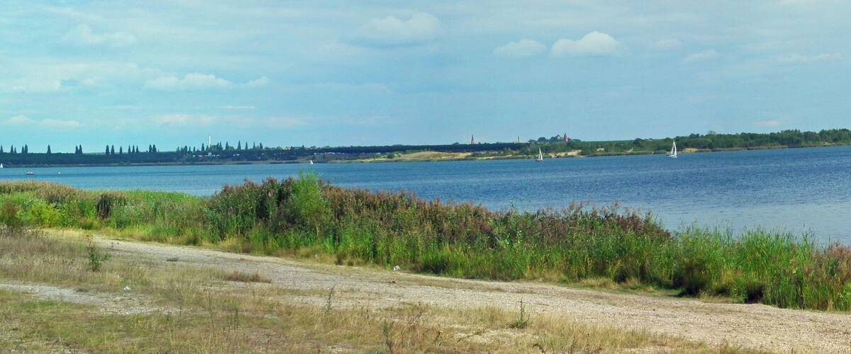 A river with boats, a distant shoreline with trees and buildings, and a dirt path along the riverbank.
