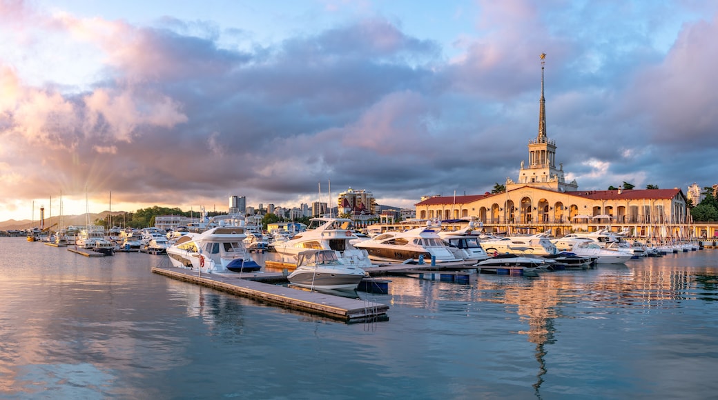 Sochi Marine Station and the yacht pier at sunset.