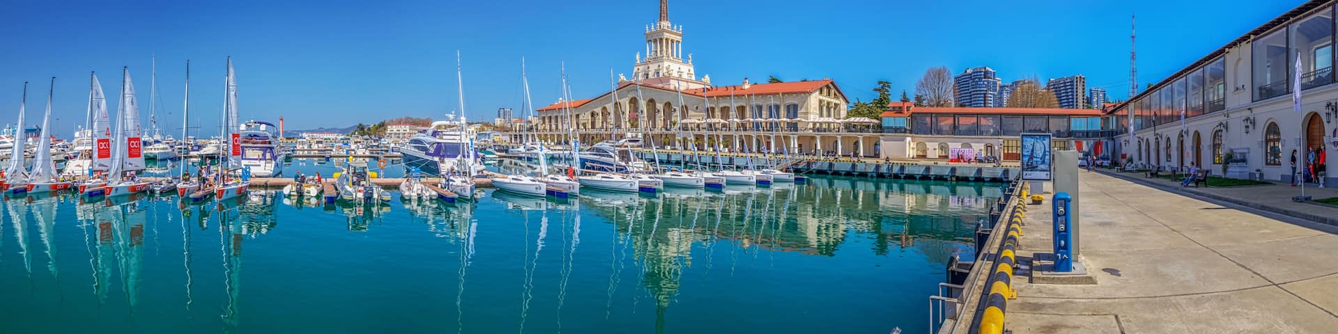 SOCHI, RUSSIA - APRIL 8, 2016: Yachts of the national sailing league in the seaport.