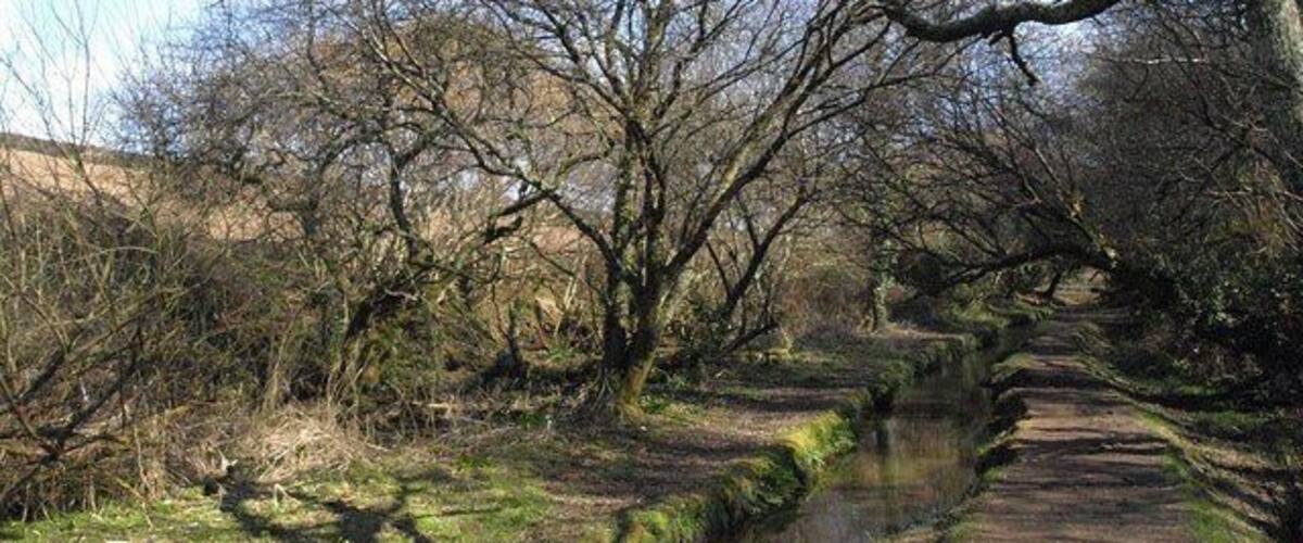 A narrow water channel with a stone path alongside, surrounded by trees and grassy banks.