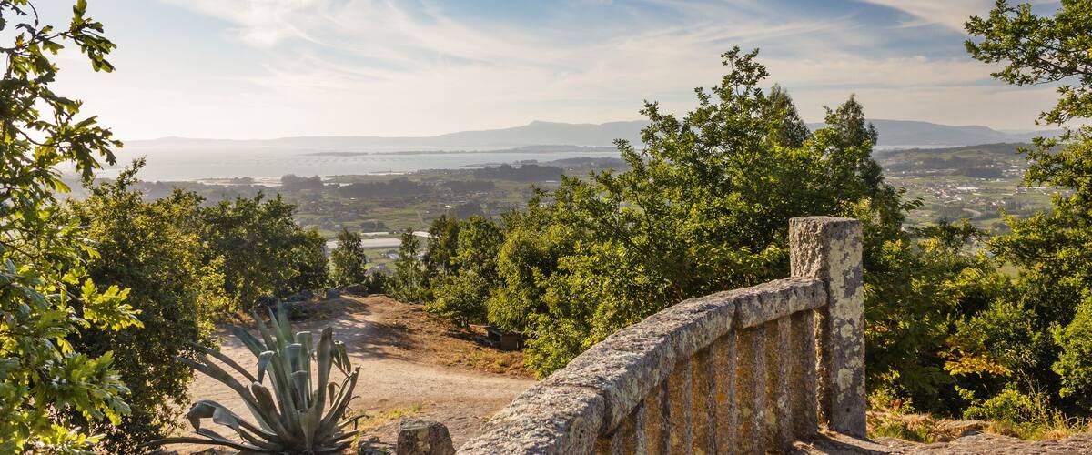A stone bridge, green trees, and a distant cityscape.
