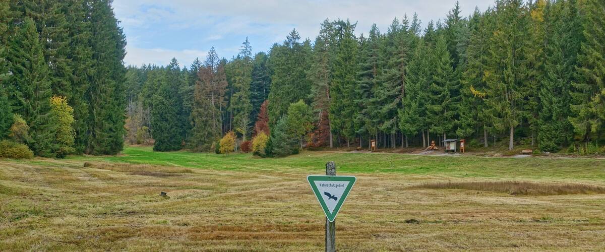 A sign in a grassy field with a forest in the background.
