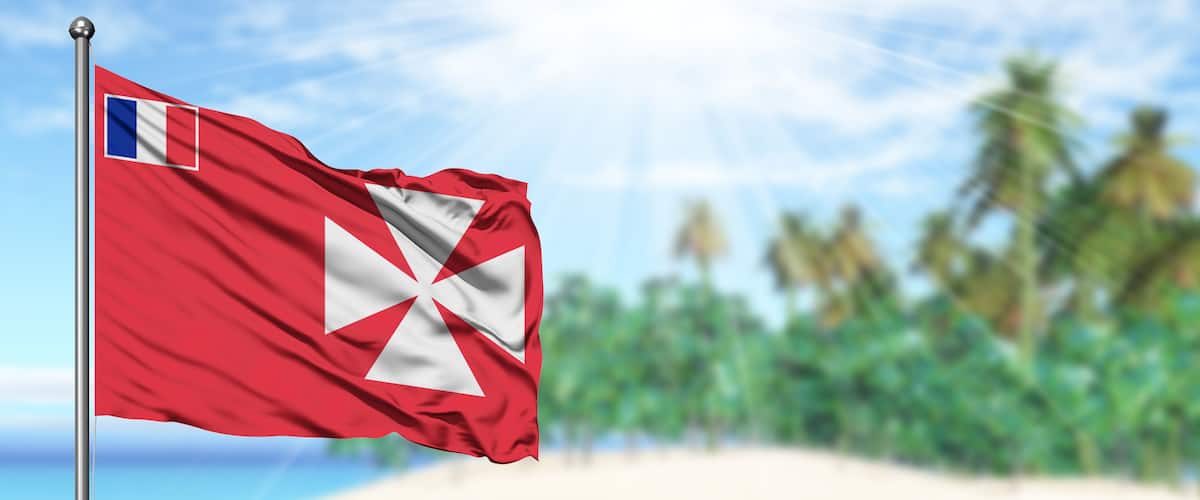 A red flag with a white cross on a pole, set against a beach with palm trees and a clear sky.
