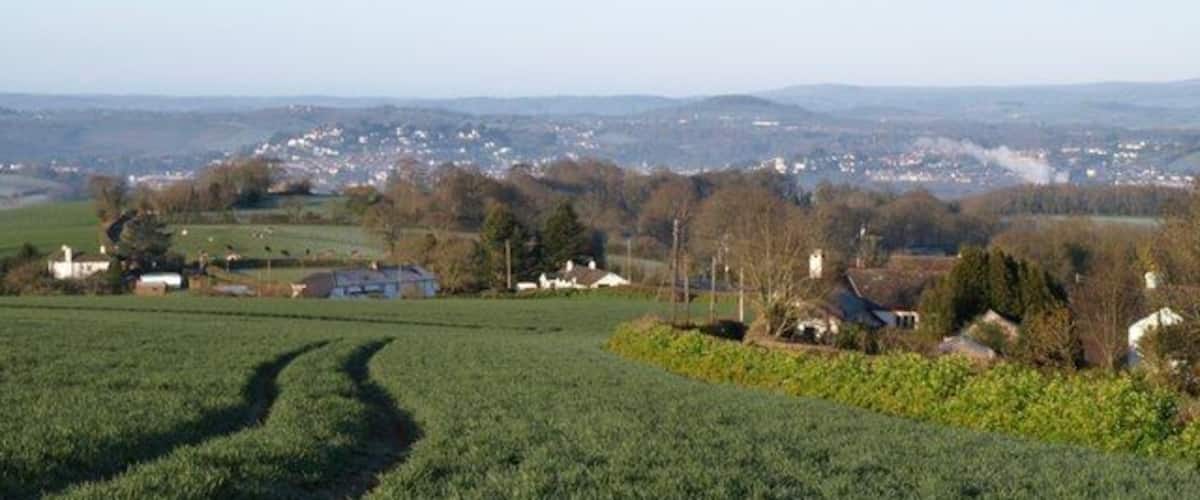 A rural landscape with green fields, scattered houses, and a distant town.