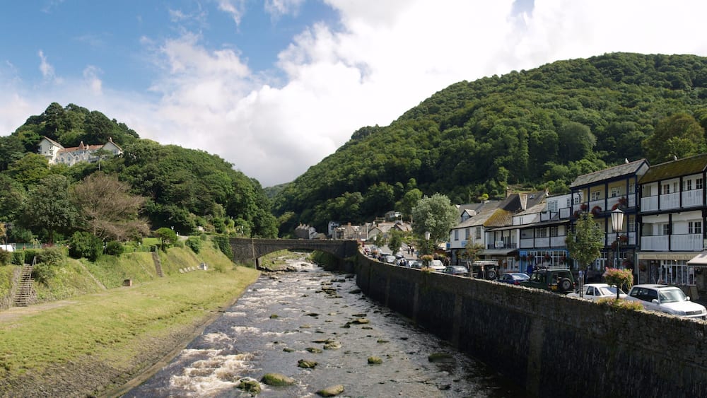 A river flowing through a town with buildings on the right and a bridge in the middle.