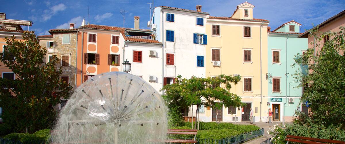 Izola showing a coastal town, a pond and a fountain