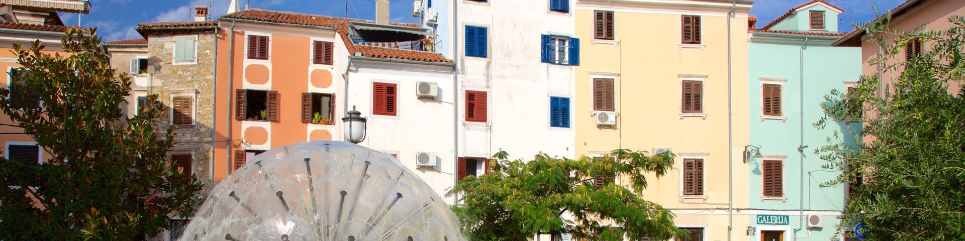 Izola which includes a fountain, a coastal town and a pond