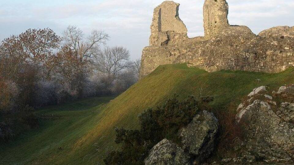 A ruined stone castle on a grassy hill with trees in the background.
