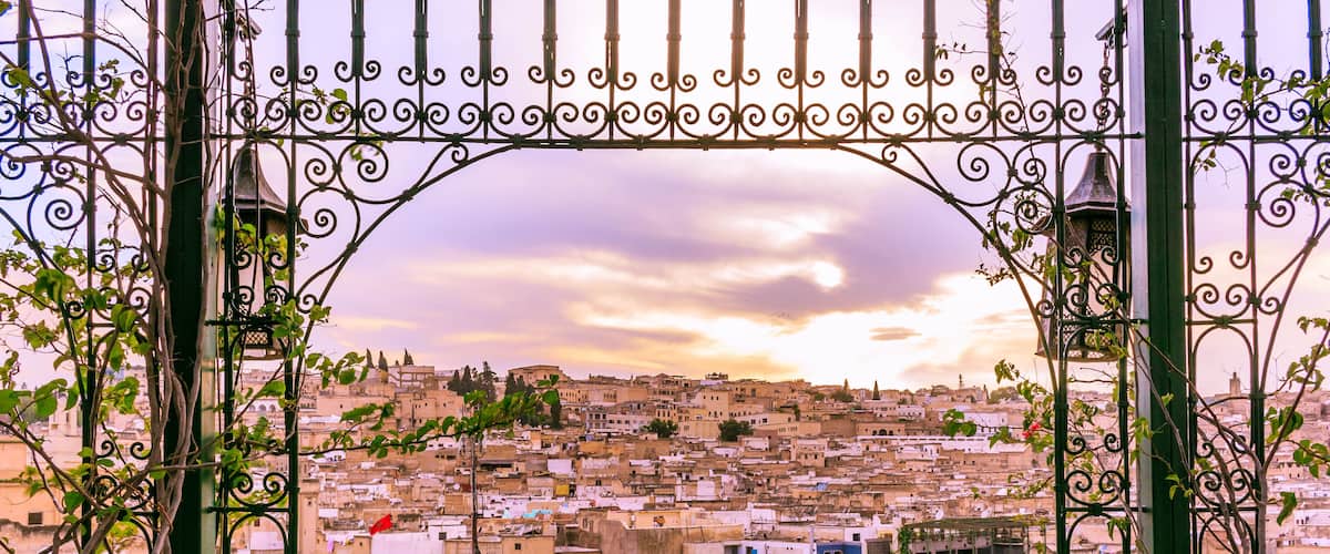 Rooftop restaurant sunset in Fez Morocco , Shutterstock ID 1113392861, Purchase Order: -