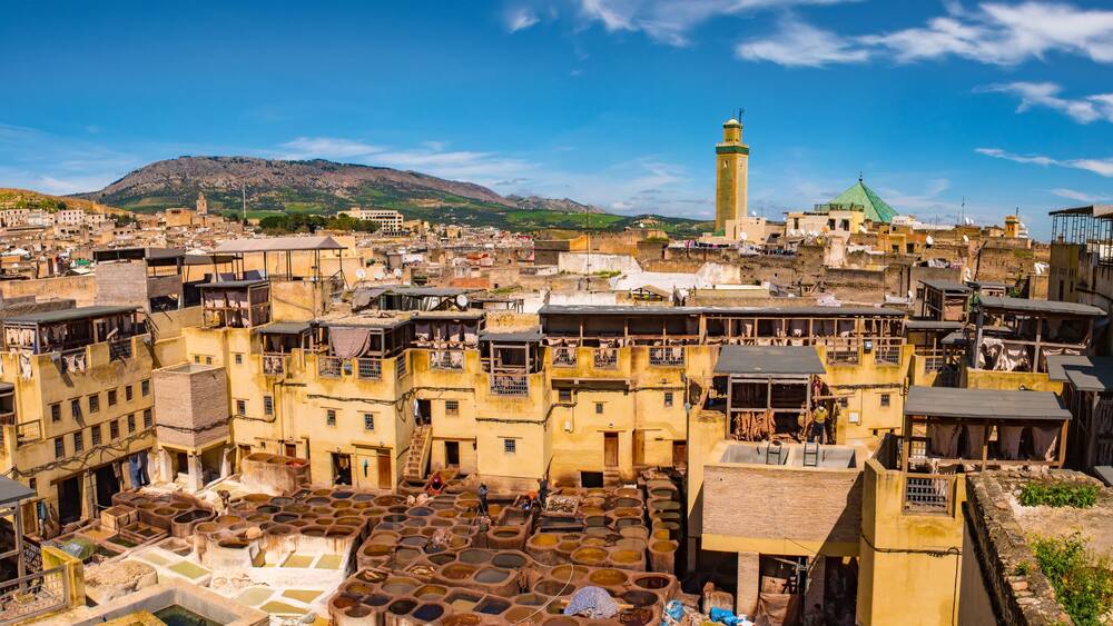 Fes, Morocco. Old town panorama,tanneries and tanks with color paint for leather. Morocco Africa