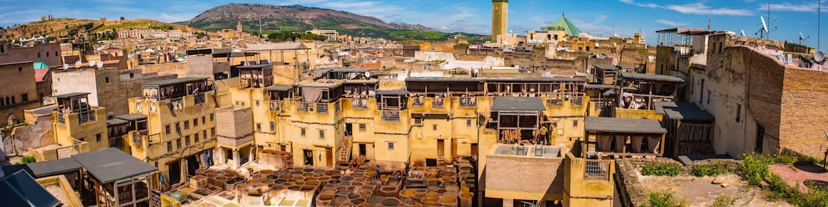 Fes, Morocco. Old town panorama,tanneries and tanks with color paint for leather. Morocco Africa