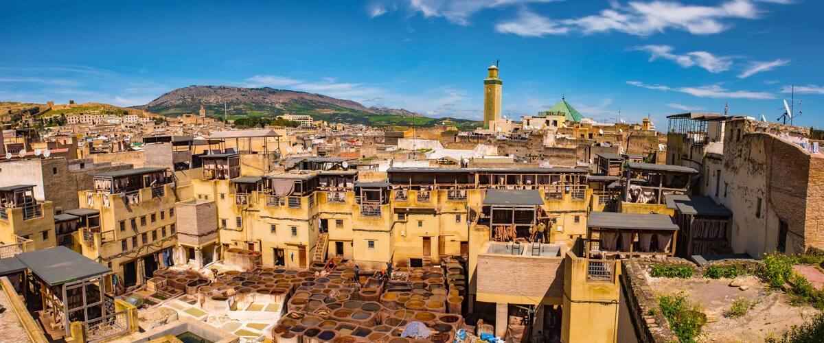 Fes, Morocco. Old town panorama,tanneries and tanks with color paint for leather. Morocco Africa