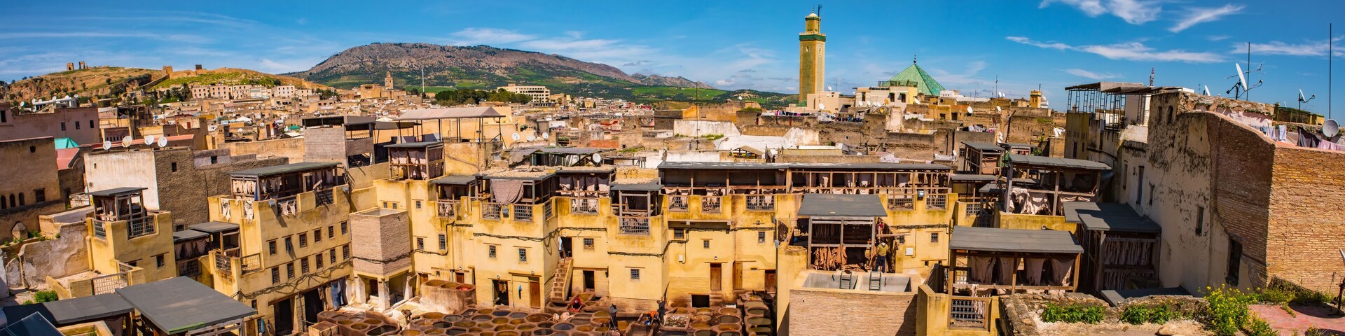 Fes, Morocco. Old town panorama,tanneries and tanks with color paint for leather. Morocco Africa