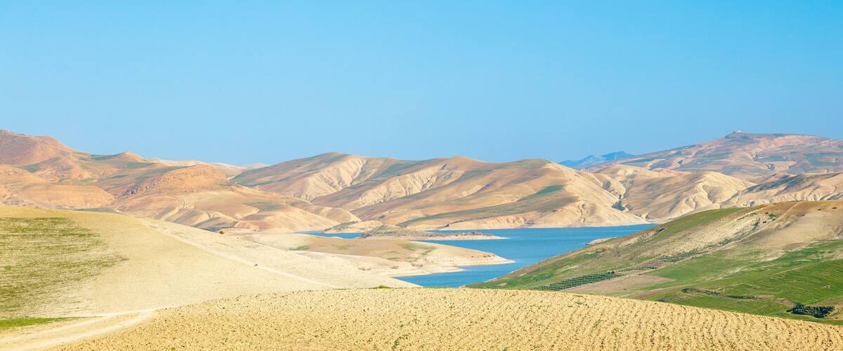 Morocco panoramic view of landscape and lake. Meknes province