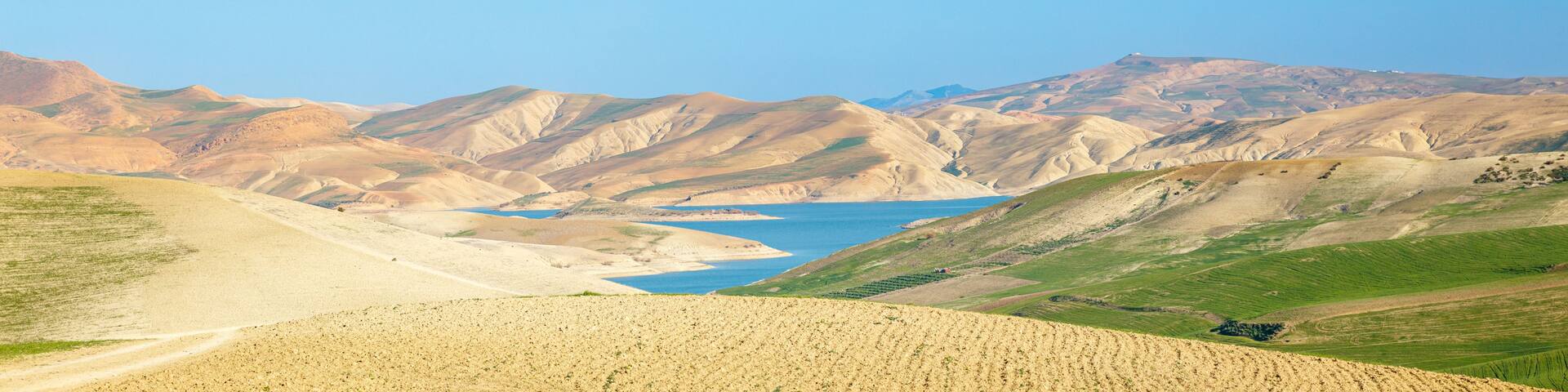 Morocco panoramic view of landscape and lake. Meknes province