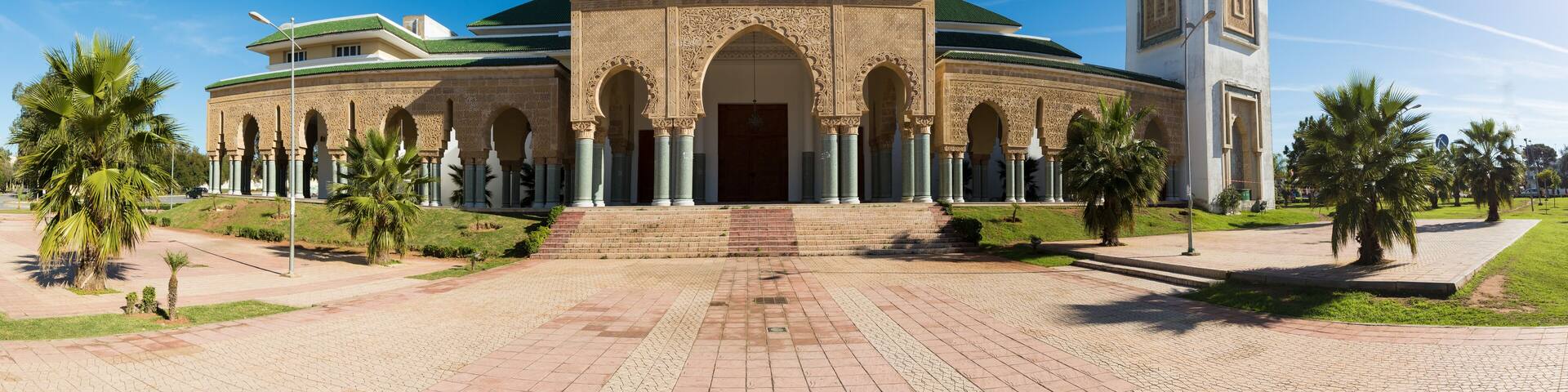 Traditional and typical moroccan architectural details. Mosque in Kenitra, Province West Chrarda Beni Hussein, Morocco. Construction detail, sunny day.
