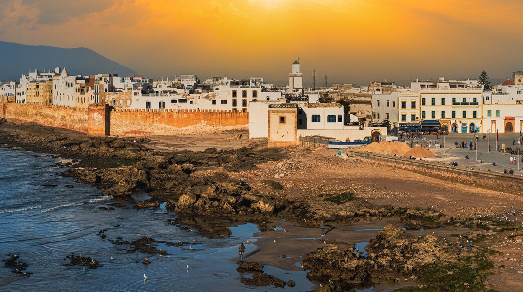 Cityscape view of Essaouira port city region (Mogdura) in Morroco illuminated at sunset