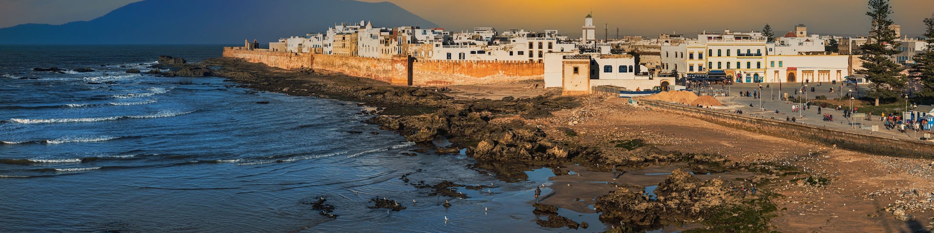 Cityscape view of Essaouira port city region (Mogdura) in Morroco illuminated at sunset