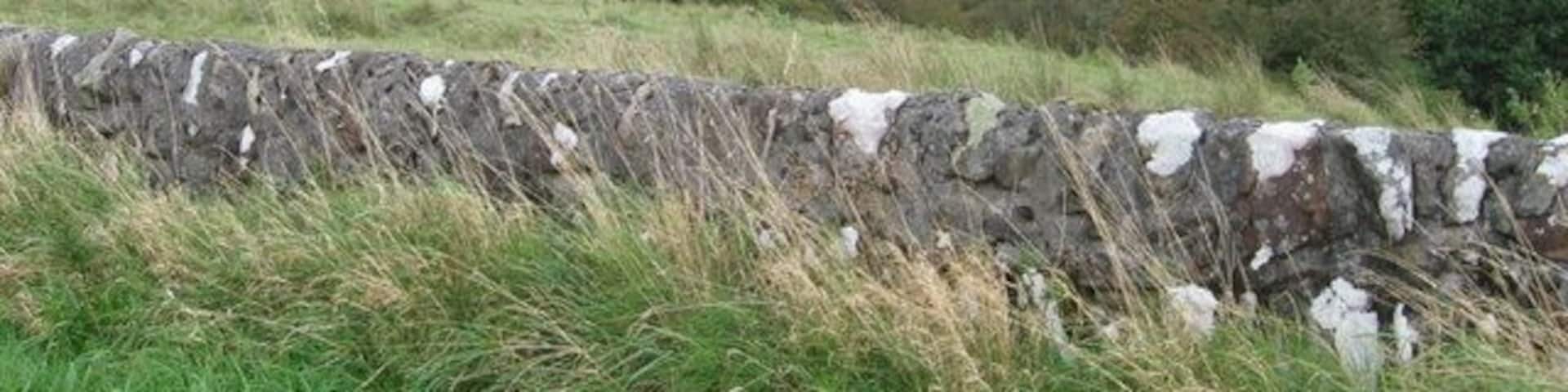 Rolling hills, a stone wall, and a green field.