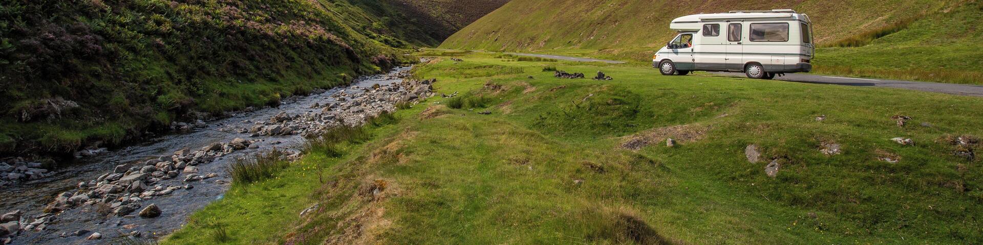 We drove down this scenic valley from Wanlockhead Village on the B797 alongside the almost empty river bed.
Signs along the river reminded visitors that these were the spawning grounds for salmon and not to lift the stones out of the river.