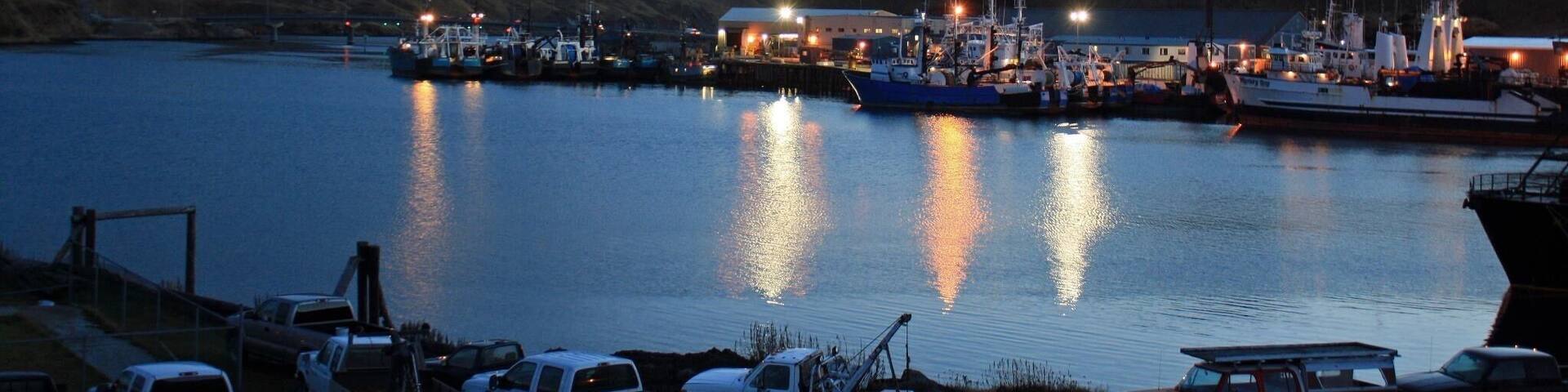 Mount Pyramid at Dutch Harbor in the Aleutian Island of Alaska. Sunset in early winter.