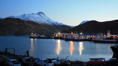 A harbor at dusk with boats, a dock, and a snow-capped mountain in the background.