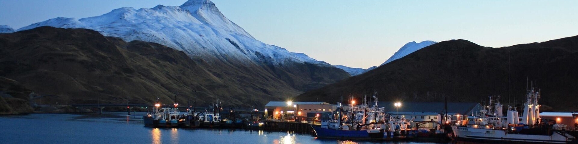 Mount Pyramid at Dutch Harbor in the Aleutian Island of Alaska. Sunset in early winter.