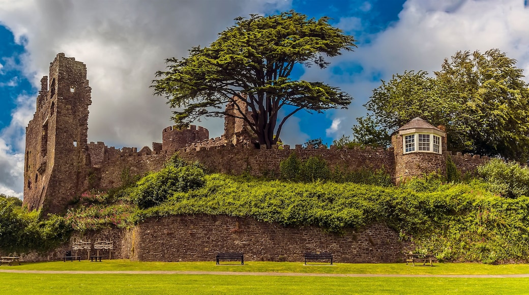 A panorama view of the ruins of the castle at Laugharne, Wales in the summertime