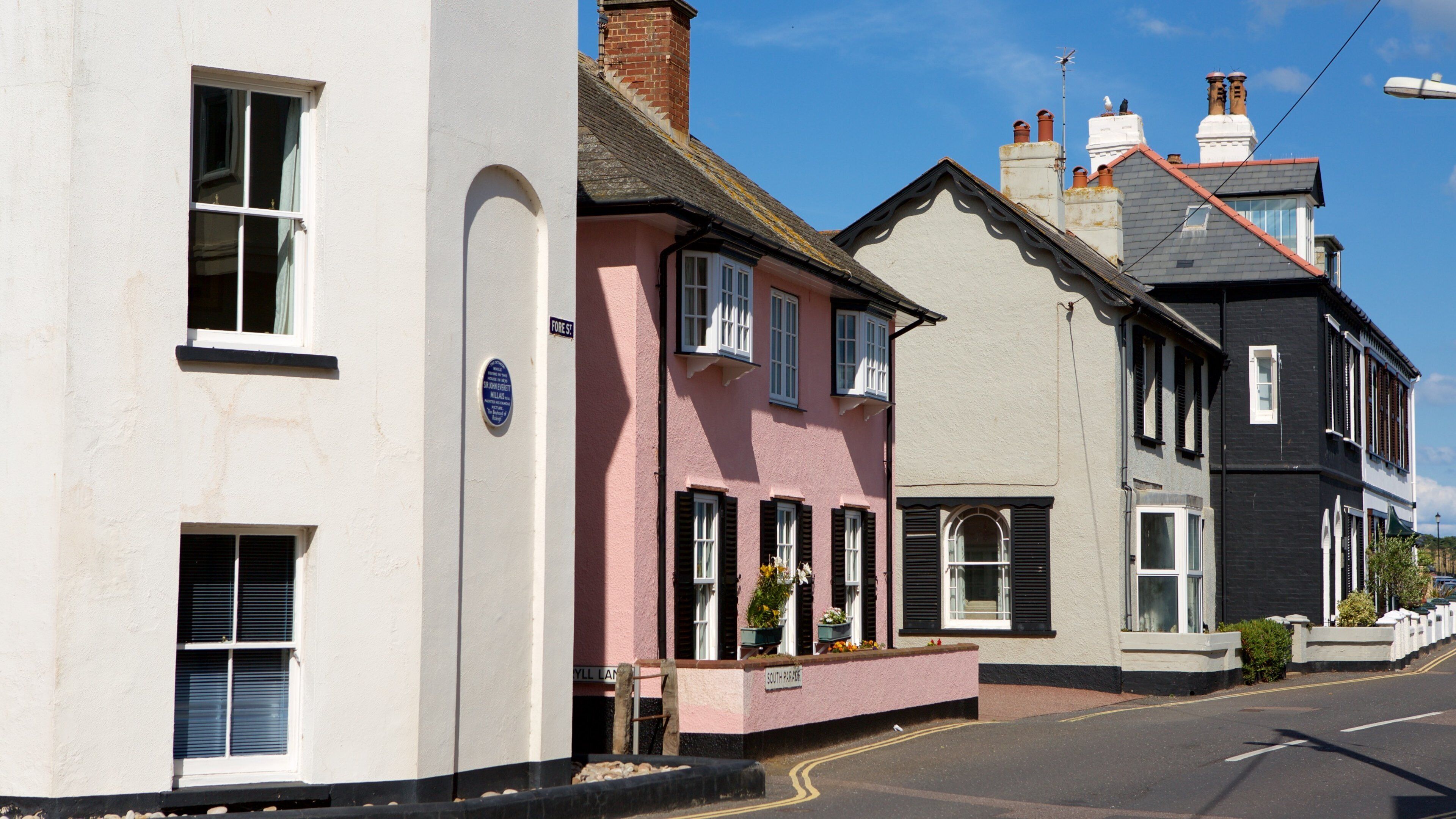A row of colorful houses with distinct architectural styles, including a pink house with a white door and a black house with a white window frame.