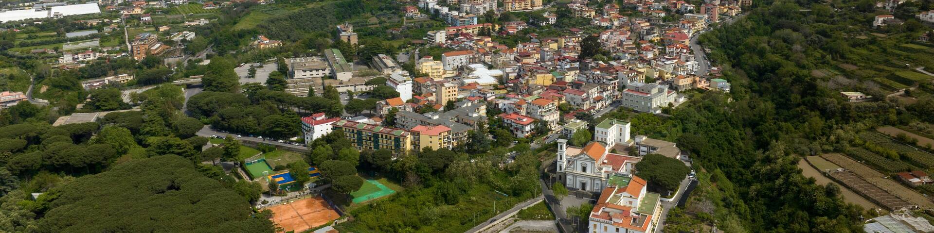 Aerial view of Mount Faito in the province of Naples, Campania, Italy. Downstream from the mountain is the town of Castellammare di Stabia.