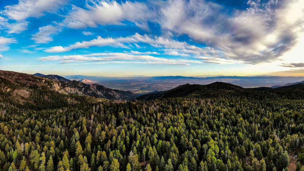 Aerial panoramic image of the sunset from the very top of Mt. Graham in southeastern Arizona.