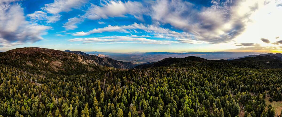 Aerial panoramic image of the sunset from the very top of Mt. Graham in southeastern Arizona.