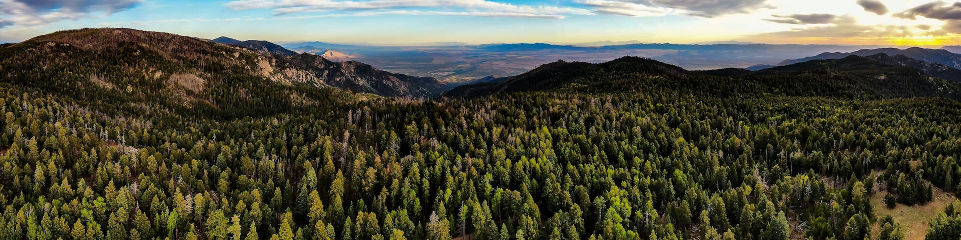 Aerial panoramic image of the sunset from the very top of Mt. Graham in southeastern Arizona.