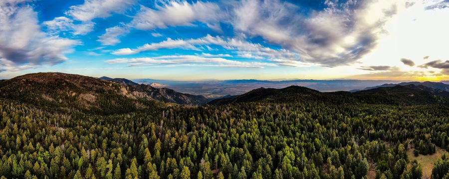 Aerial panoramic image of the sunset from the very top of Mt. Graham in southeastern Arizona.