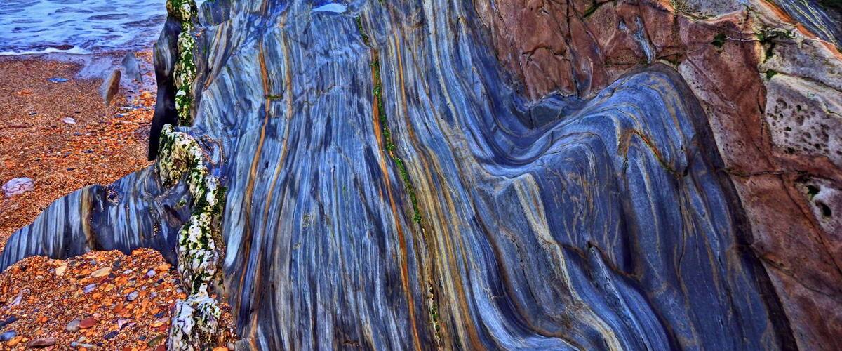 A rocky shoreline with a variety of colors and textures.