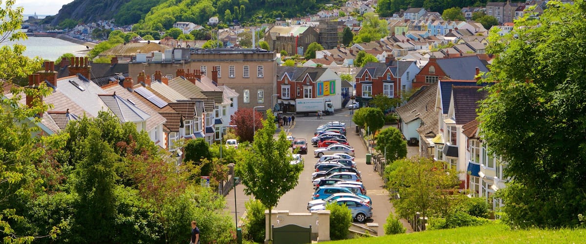 A coastal town with terraced houses, a parked car line, and a hill with dense greenery.