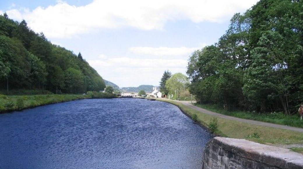 Downhill from lock no. 10, Crinan Canal Taken from no. 10 lock gate looking towards lock no.11 and Crinan beyond. A breezy day, as can be seen by the water surface.