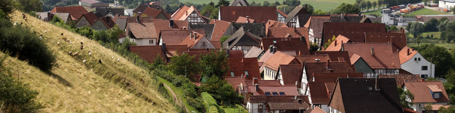 A village with red-tiled roofs, a church with a steeple, and rolling hills in the background.