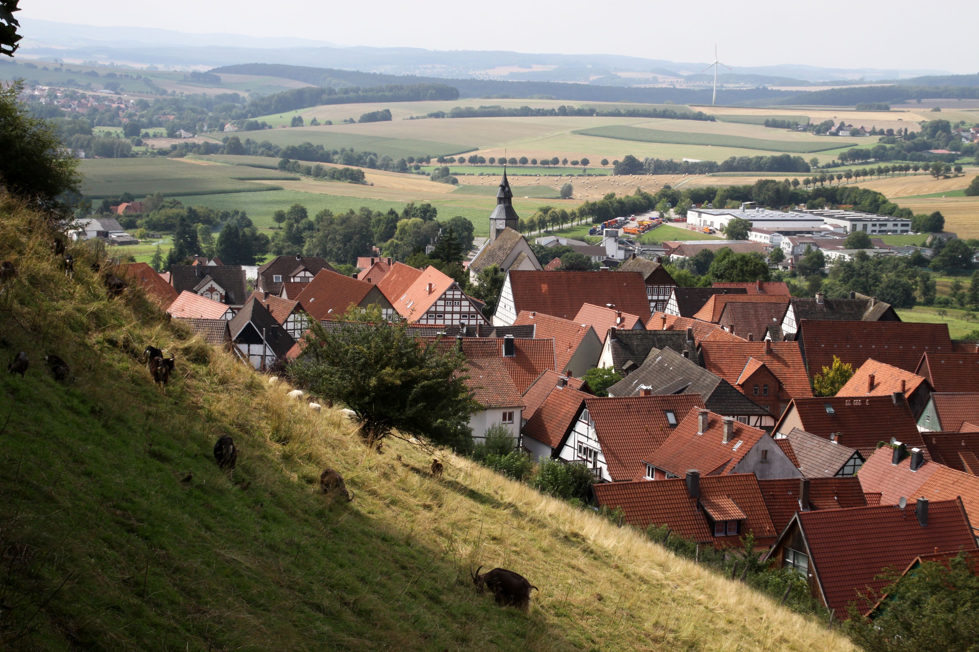 A town with red-roofed houses, a church steeple, and a wind turbine in the distance.