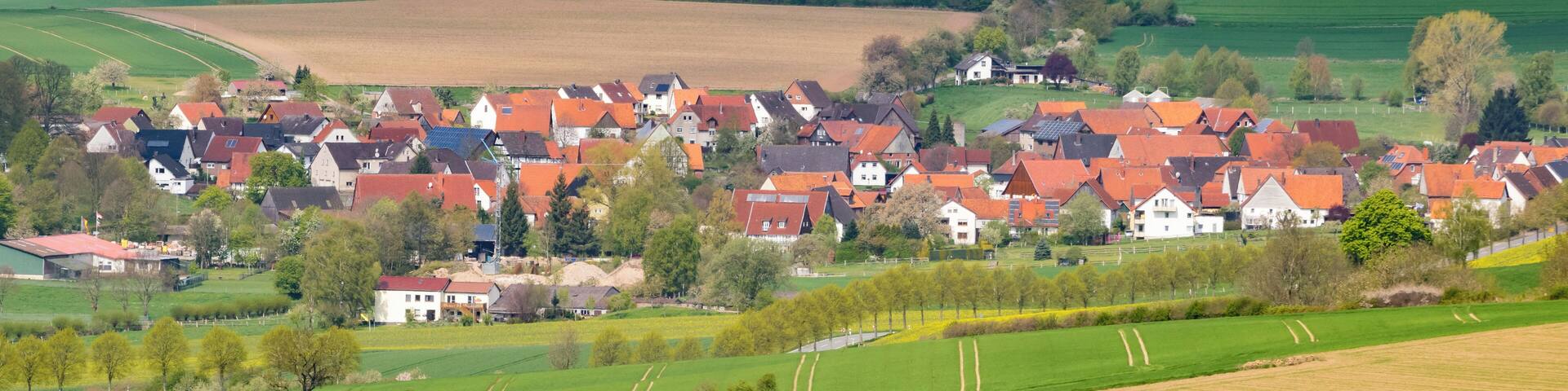 A rural village with red-roofed houses, green fields, and wind turbines in the background.