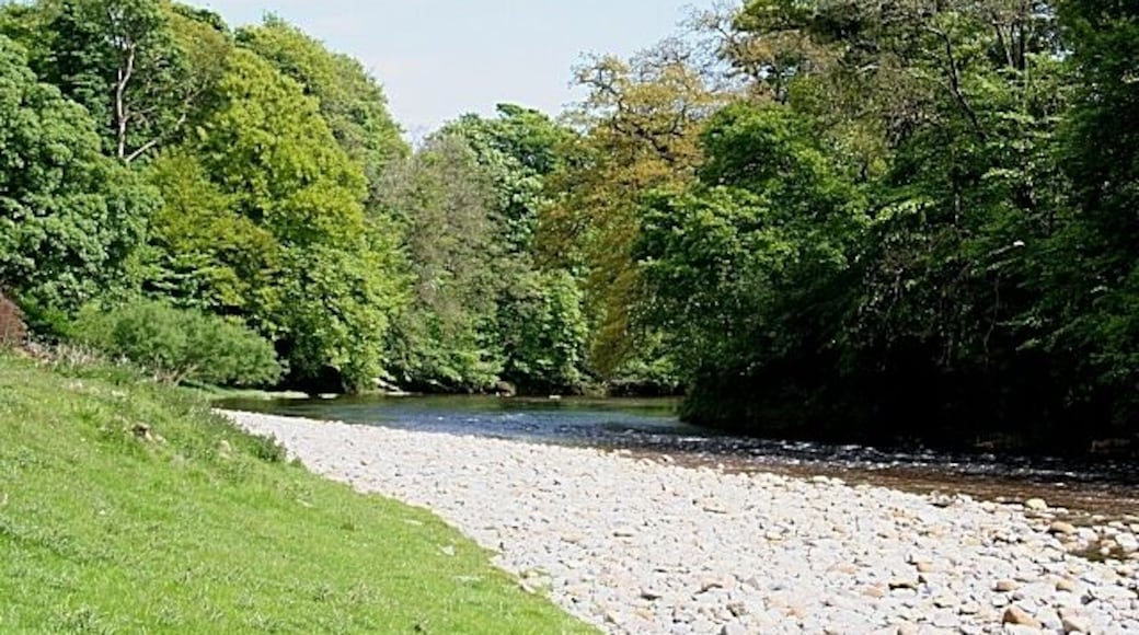 River Esk. Looking downstream near Knottyholm. Given the high level of the river mentioned in 1396093, there is a surprisingly extensive bank of pebbles on the inside of the meander here.