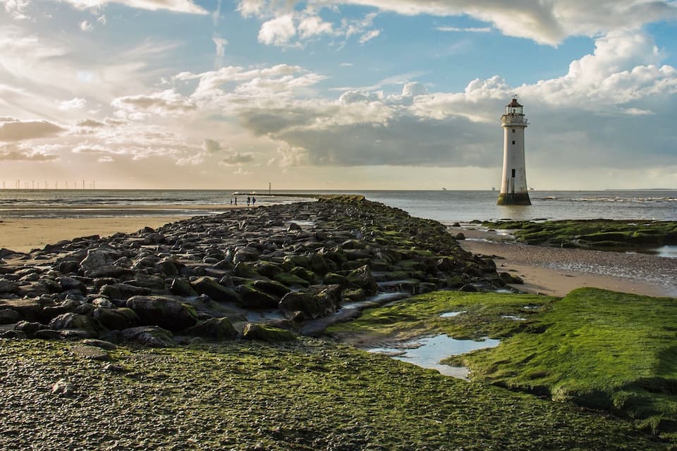 A rocky shoreline with a lighthouse, green algae, and a cloudy sky.