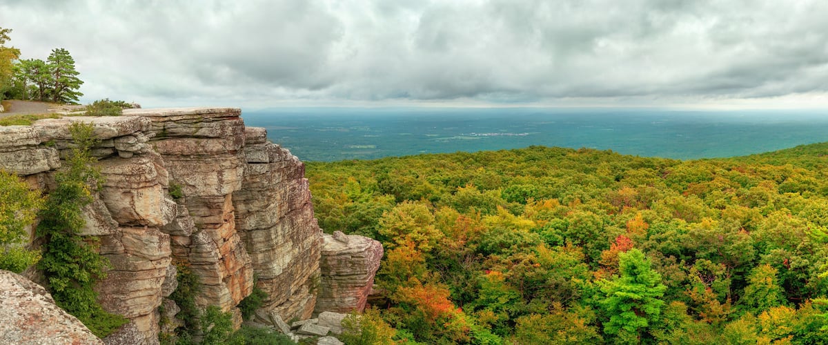 A rocky cliff edge overlooking a forested valley with a view of the ocean under a cloudy sky.