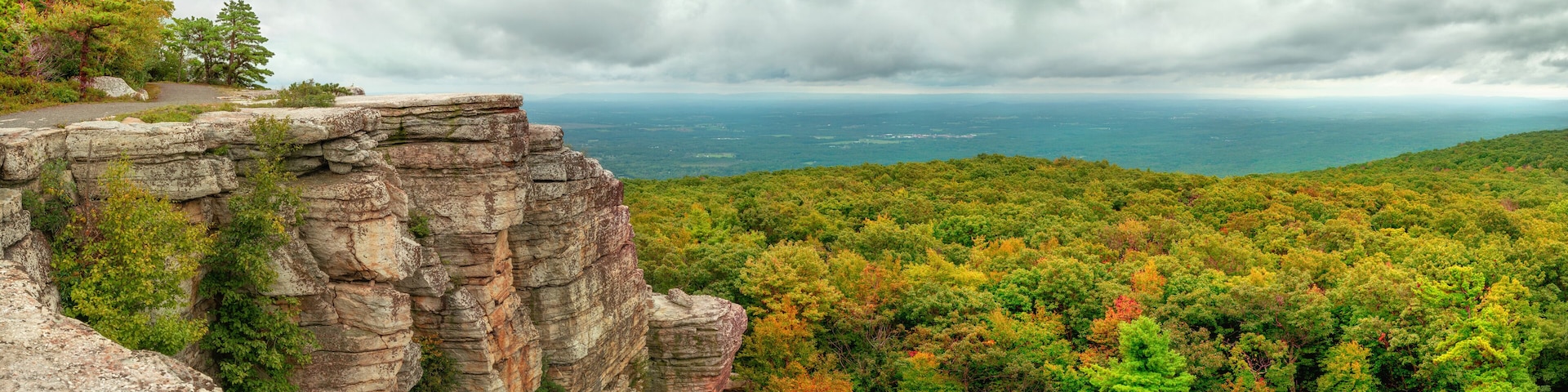 A rocky cliff edge overlooking a forested valley with a view of the ocean under a cloudy sky.