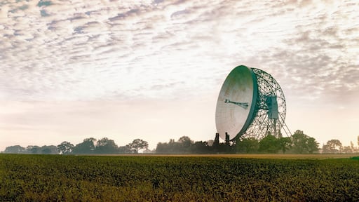 Une grande structure circulaire se dresse dans un champ, sous un ciel nuageux.