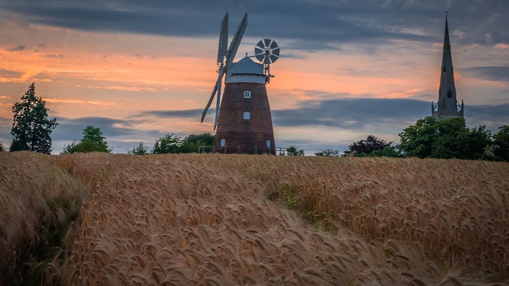 Un moulin à vent et le clocher d’une église dans un champ de blé.